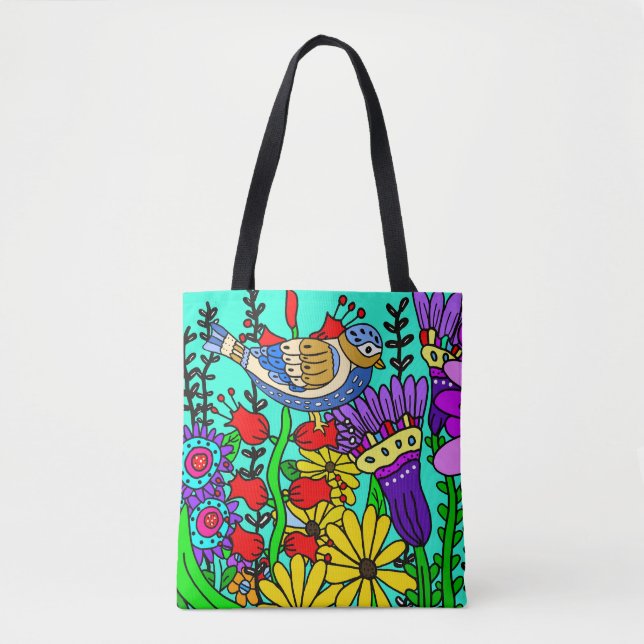 Farbenfrohe Folklore Art Bird und Blume Tasche (Vorderseite)