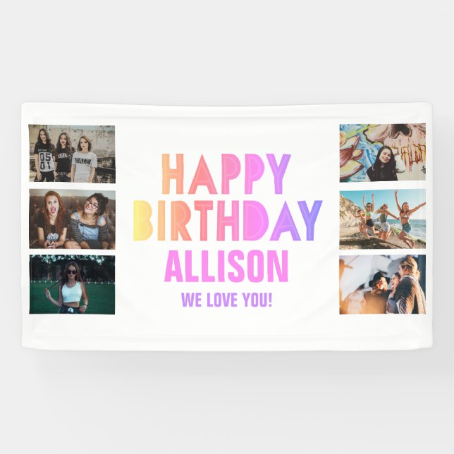 Farbenfrohe Foto Collage Teen Girl Happy Birthday Banner (Horizontal)