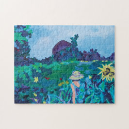 Farbenfrohe Frau in Sonnenblumen