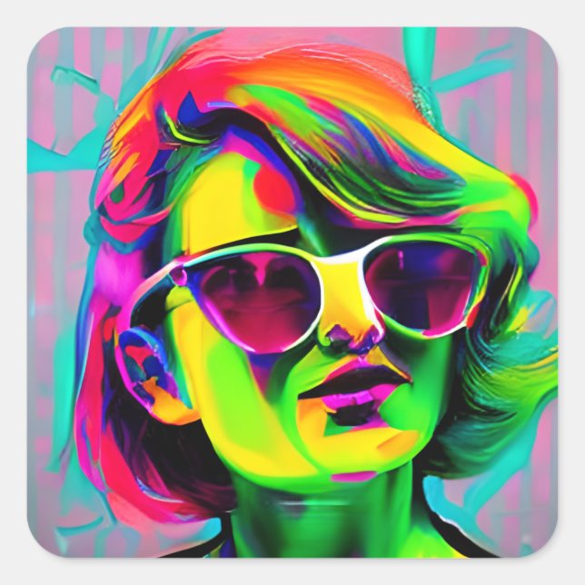 Farbenfrohe Frau in Sonnenbrille Moderne Kunst Quadratischer Aufkleber (Vorderseite)