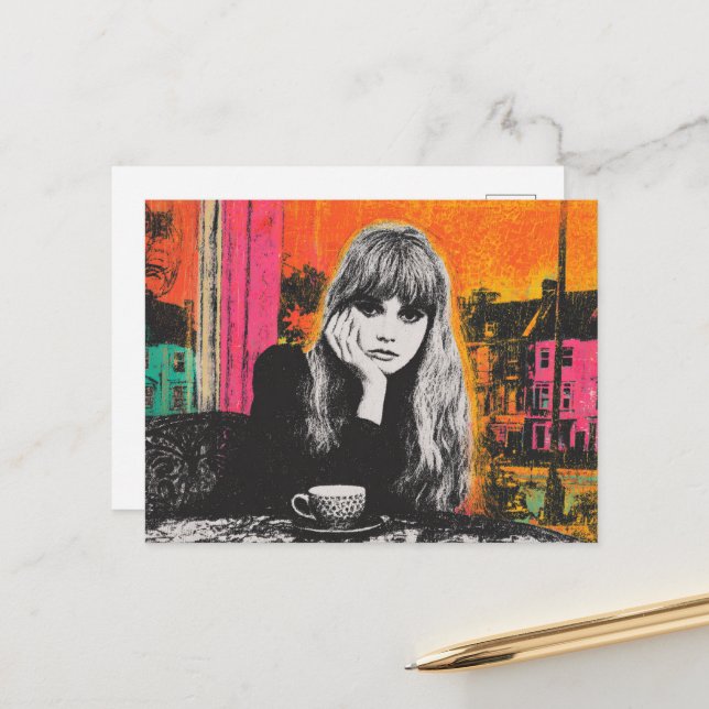 farbenfrohe Frau mit Kaffee Postkarte (Vorderseite/Rückseite Beispiel)