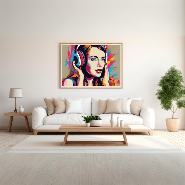 Farbenfrohe Frauen Musik und Pop Kunst, Dichtung u Poster (Colorful Woman Listens to Music Pop Art Poster)