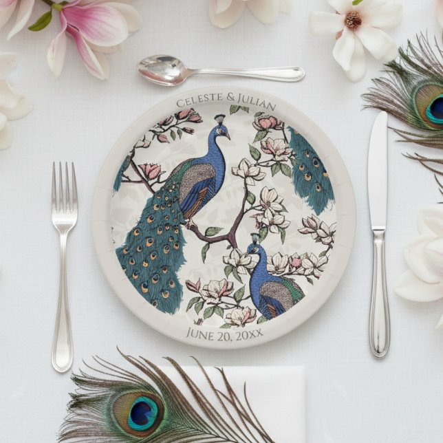 Farbenfrohe Friedenstruppen Elfenbein Pappteller (Elegant Floral Peacock Wedding Plates. Colorful Peacock & Magnolia Flower Pattern with Teal Feathers)
