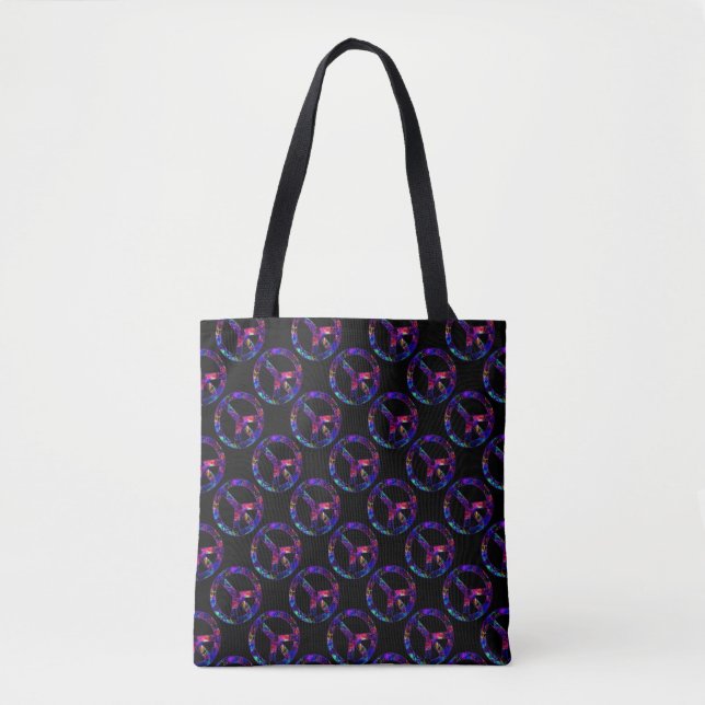 Farbenfrohe, friedliche Signatur Muster Black Tote Tasche (Vorderseite)