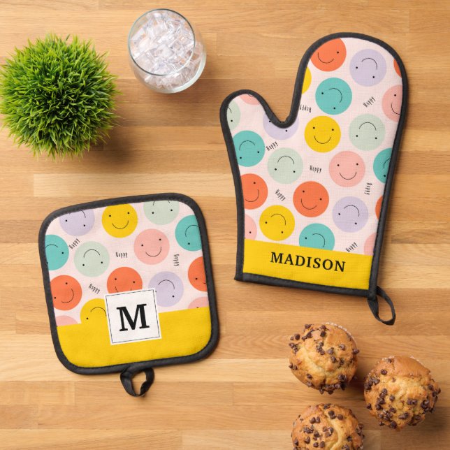 Farbenfrohe, fröhliche Gesichtspflege Ofenhandschuh & Topflappen-Set (Oben Unten)