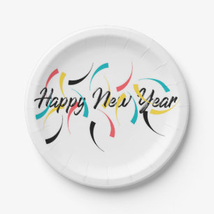 Farbenfrohe, fröhliche Gestaltung von "Happy New Y Pappteller