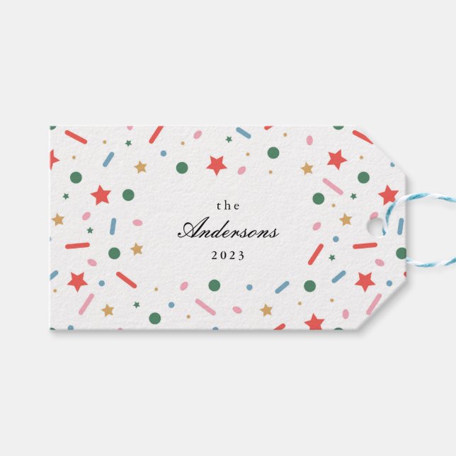 Farbenfrohe, fröhliche Weihnachtsmarke Geschenkanhänger (Vorderseite (Horizontal))
