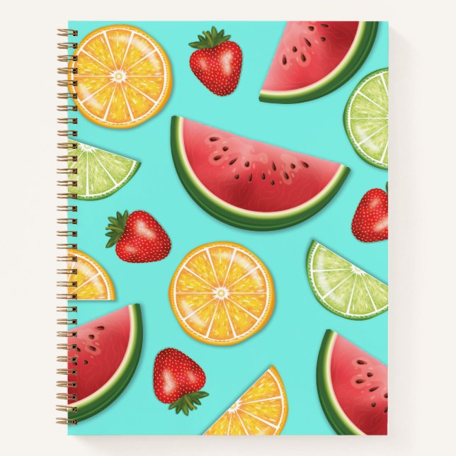 Farbenfrohe Früchte auf blauem Sommerkomfort Notizbuch (Vorderseite)