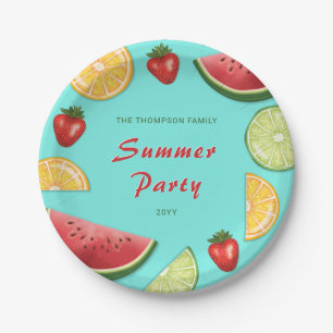 Farbenfrohe Früchte auf Blue Family Summer Party Pappteller