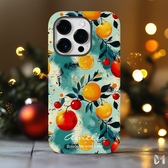 Farbenfrohe Fruchtmuster mit Zitrusfrüchten und Be Case-Mate iPhone 14 Pro Hülle (Von Creator hochgeladen)