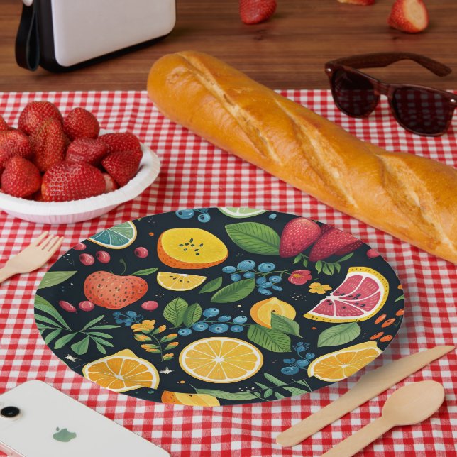 Farbenfrohe Fruchtmuster Pappteller (Picknick)