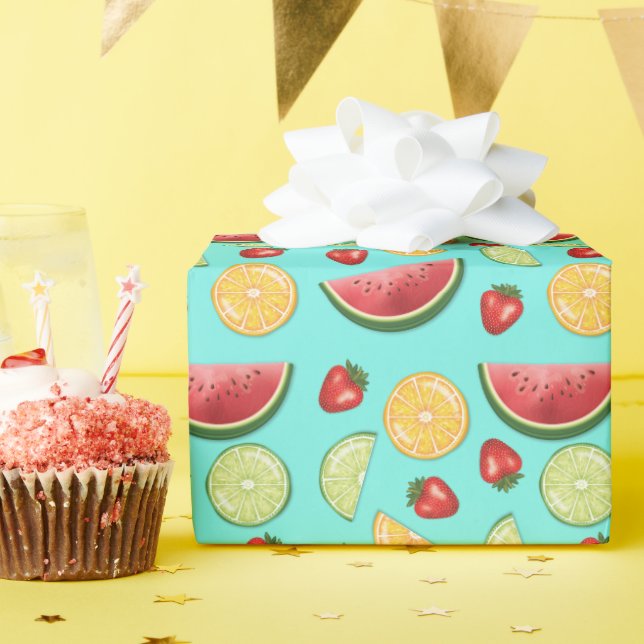 Farbenfrohe Fruchtmuster Zitrusfrüchte Erdbeere Me Geschenkpapier (Geburtstagsparty)