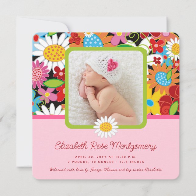 Farbenfrohe Frühlingsblumen Garden Baby Girl Birth Ankündigung (Vorderseite)