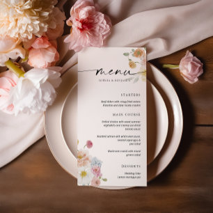 Farbenfrohe Frühlingsblumen Hochzeitmenü Menükarte