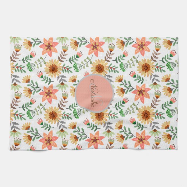 Farbenfrohe Frühlingsblumen Mädchenname Monogram Geschirrtuch (Horizontal)