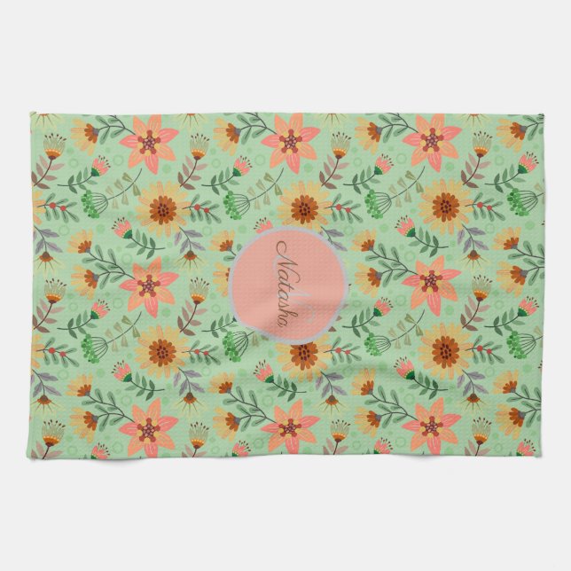Farbenfrohe Frühlingsblumen Mädchenname Monogram Geschirrtuch (Horizontal)