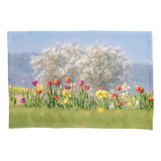 Farbenfrohe Frühlingsblumen mit Tulpen und Affodie Kissenbezug (Vorderseite)