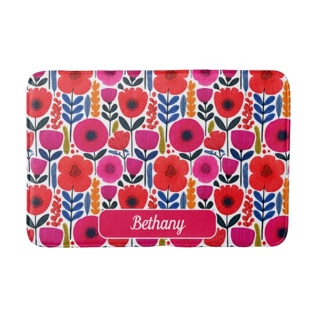 Farbenfrohe Frühlingsblumen Muster mit Namen Badematte (Vorderseite)