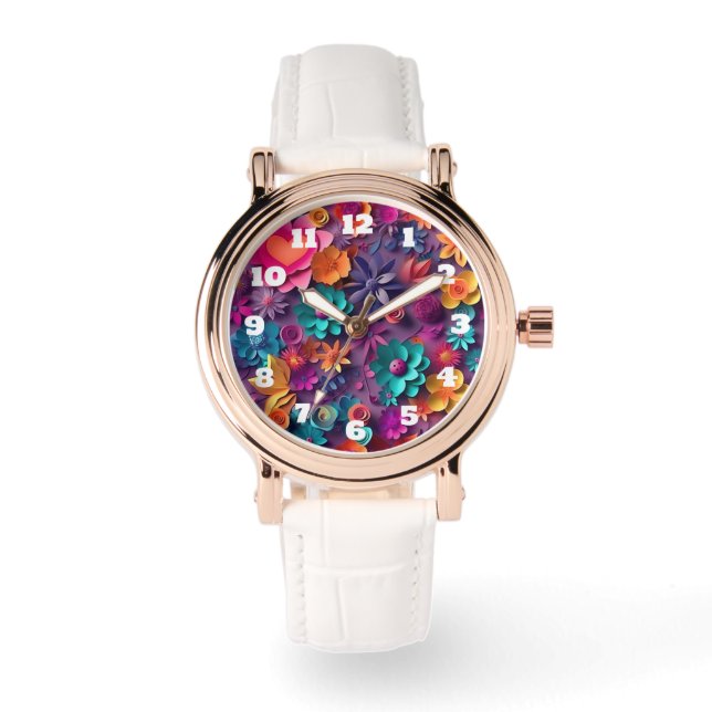 Farbenfrohe Frühlingsblumenmuster Armbanduhr (Vorderseite)