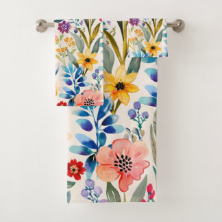 Farbenfrohe Frühlingsblumenmuster Badhandtuch Set
