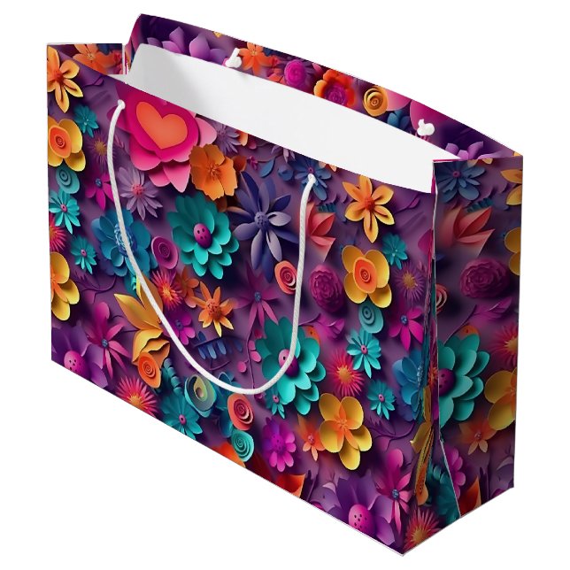 Farbenfrohe Frühlingsblumenmuster Große Geschenktüte (Rückseite Schrägansicht)