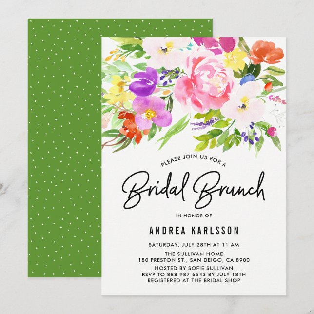 Farbenfrohe Frühlingsblüten Bridal Brunch Einladung (Vorne/Hinten)