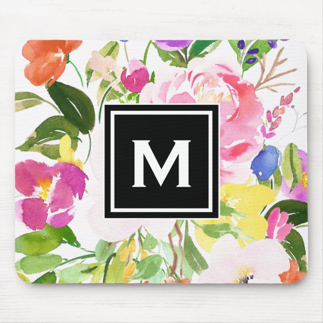 Farbenfrohe Frühlingsblüten florale Monogramm Mousepad (Vorne)