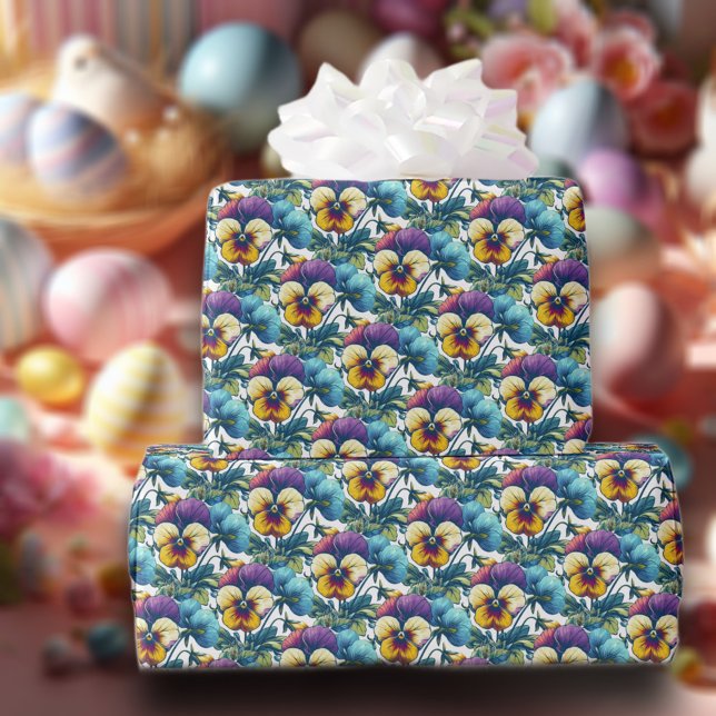 Farbenfrohe Frühlingsfloral Pansy Pattern Ostern Geschenkpapier (Von Creator hochgeladen)