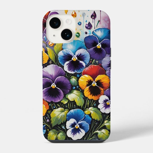 Farbenfrohe Frühlingsgeräte und Stiefmütterchen iPhone 14 Hülle (Rückseite)