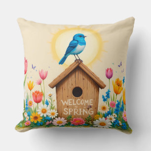 Farbenfrohe Frühlingslandschaft mit Vogelhaus Kissen