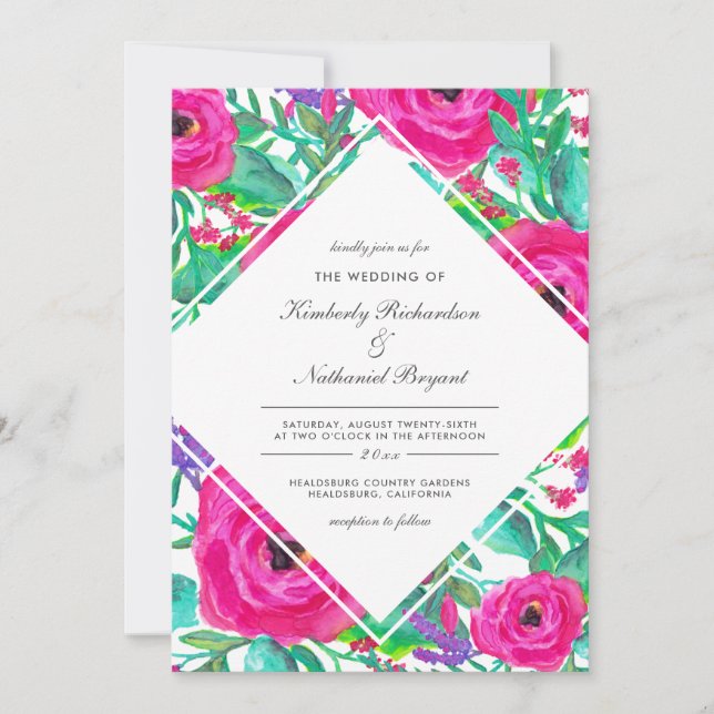Farbenfrohe Fuchsia Wasserfarbenblume Hochzeit Einladung (Vorderseite)