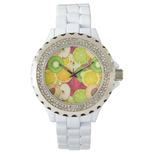 Farbenfrohe Fun Frucht Muster Armbanduhr (Vorderseite)
