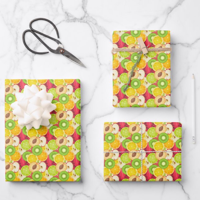 Farbenfrohe Fun Frucht Muster Geschenkpapier Set (Vorderseite)