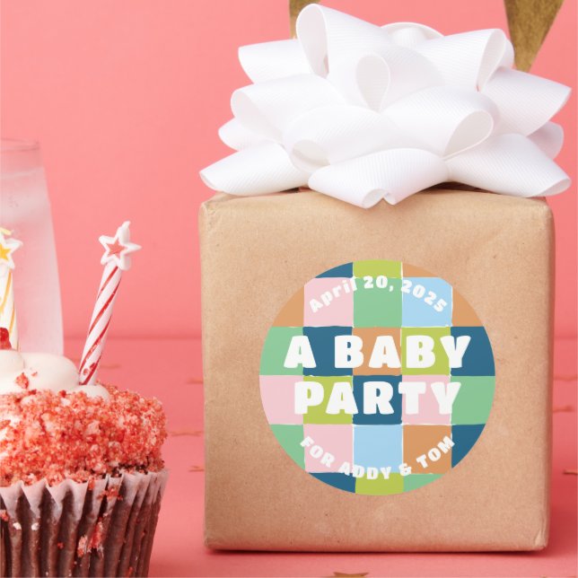 Farbenfrohe Fun Gender Neutral Blocks Baby Dusche Runder Aufkleber (Party)