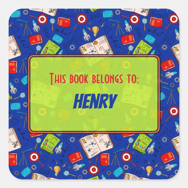 Farbenfrohe Fun School Science Pattern Personalisi Quadratischer Aufkleber (Vorderseite)