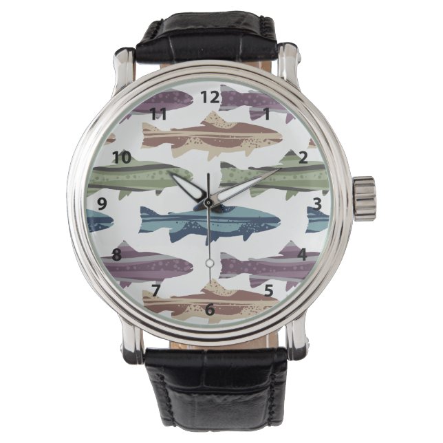 Farbenfrohe Fun Trout Fish Muster Armbanduhr (Vorderseite)