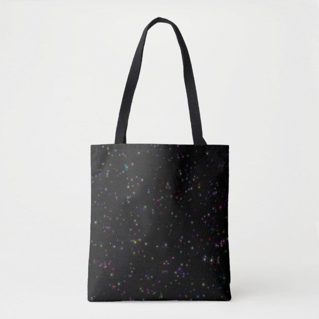 Farbenfrohe funkelnde Sterne im dunkelschwarzen De Tasche (Vorderseite)