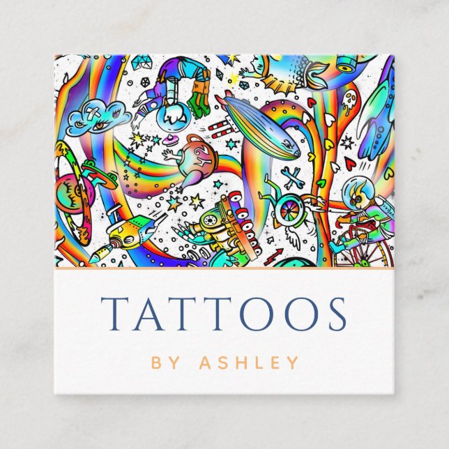 Farbenfrohe Funky Psychedelic Tattoo Artist Modern Quadratische Visitenkarte (Vorderseite)