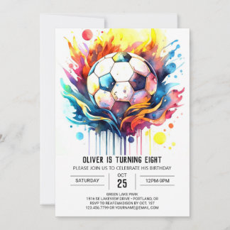 Farbenfrohe Fußballkids Wasserfarbe Geburtstag Einladung