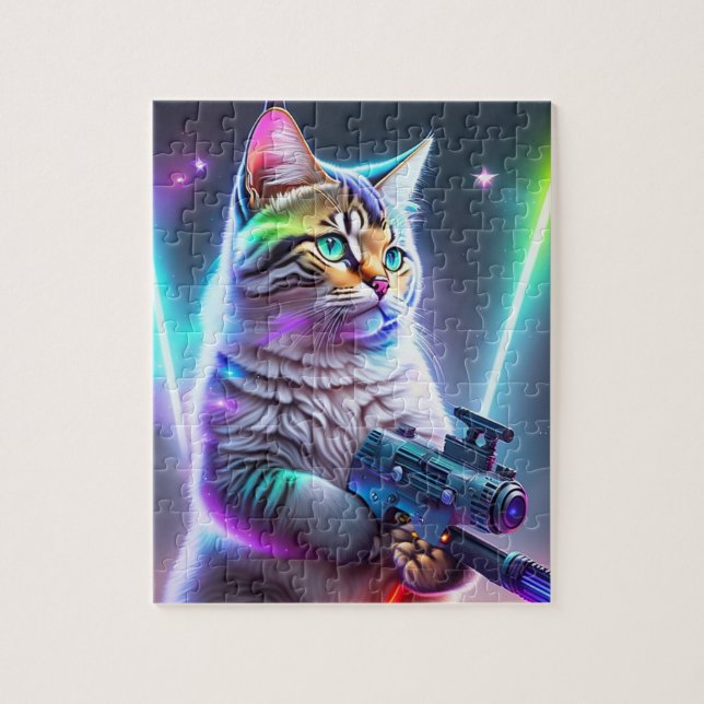 Farbenfrohe futuristische Cyberpunk-Katze mit Lase (Vertikal)