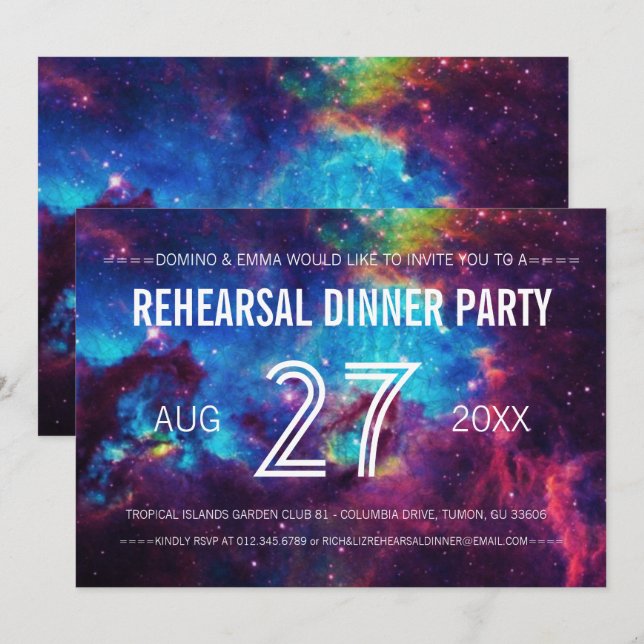 Farbenfrohe Galaxie Hochzeit Probe Dinner Einladung (Vorne/Hinten)
