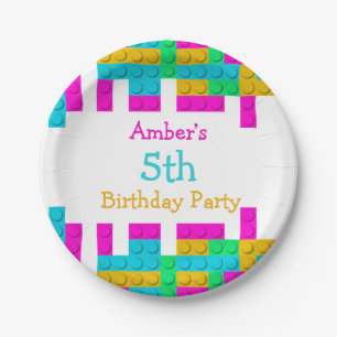 Farbenfrohe Gebäude Blocks Girl Birthday Party Pappteller