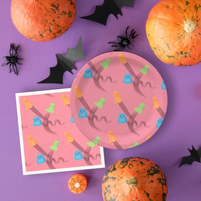 Farbenfrohe Geister in rosa Halloween-Party Pappteller (Colorful ghosts in pink Halloween party Paper Plates
)