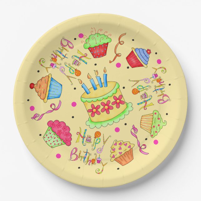 Farbenfrohe gelbe Cupcakes Cake Happy Birthday Pappteller (Vorderseite)