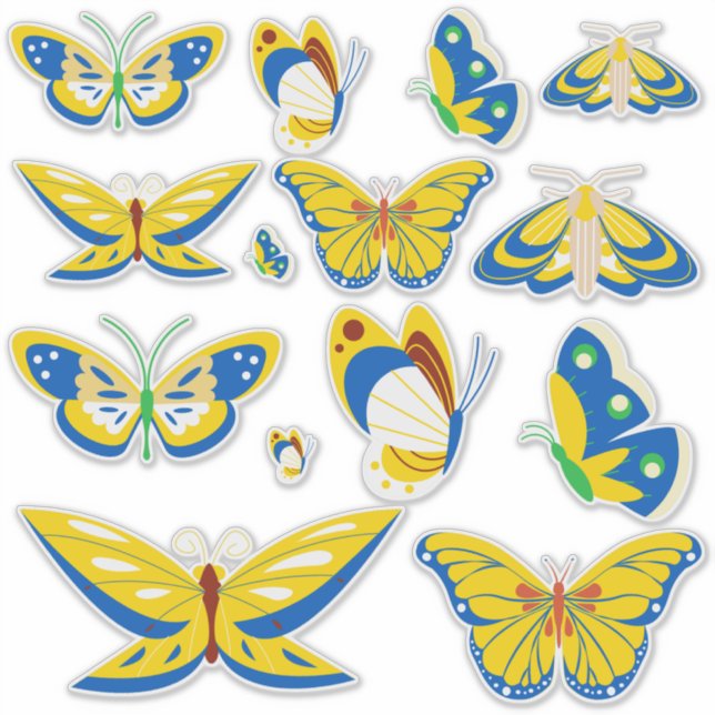 Farbenfrohe gelbe und blaue Schmetterlinge Aufkleber (Vorderseite)