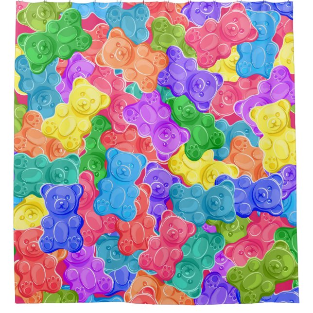 Farbenfrohe Geleebären, gummige Bonbons. Seamles Duschvorhang (Vorderseite)