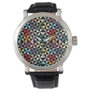 Farbenfrohe Geometrie Pinwheel Schwarz Armbanduhr