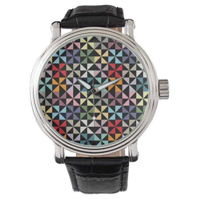 Farbenfrohe Geometrie Pinwheel Schwarz Armbanduhr (Vorderseite)