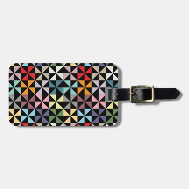 Farbenfrohe Geometrie Pinwheel Schwarz Gepäckanhänger (Vorderseite horizontal)