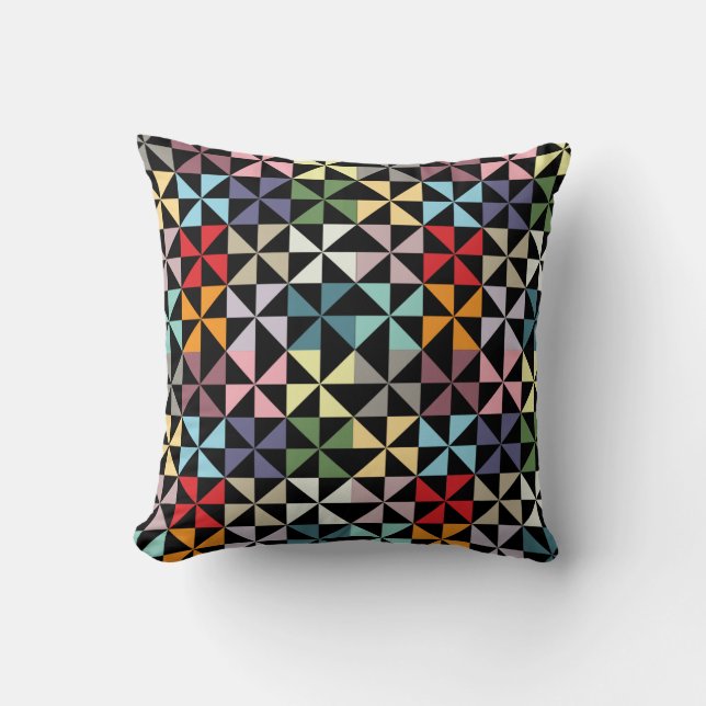 Farbenfrohe Geometrie Pinwheel Schwarz Kissen (Vorderseite)